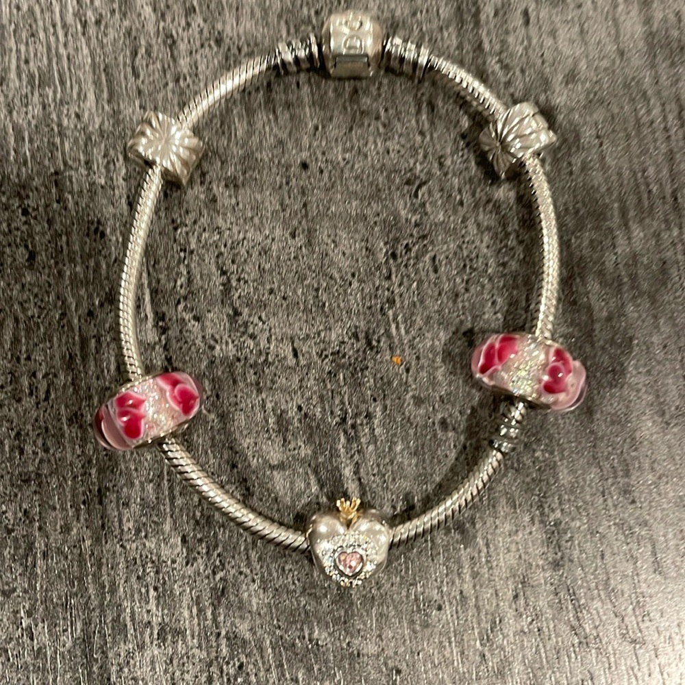 Pandora Silver Bracelet with Pink Heart Murano & Crowned Heart Charm